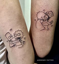 two people with tattoos on their legs, one has a simpsons and the other has a cat