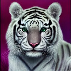 a white tiger with green eyes is looking at the camera while standing in front of a purple background