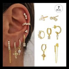 Beautiful 7pc Chain Dangle Drop Earring Set. Lab Created Diamonds, High Quality Jewelry, Real Gold Plated Mini Earrings, Hoop Earring Sets, Trendy Earrings, Anklet Bracelet, Small Earrings, Anklet Jewelry, Dainty Earrings, Gold Plated Earrings, Gold Set