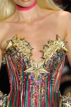 closeup The Blondes Couture, Rainbow Burlesque, Modern Burlesque, Star Corset, Fairy Pattern, The Blonds, Haute Couture Details, Rainbow Stars, Couture Dress