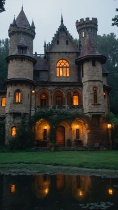 an old castle like building lit up at night with lights on the windows and water in front