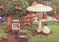 an animated mushroom sitting in the middle of a field next to books and other items