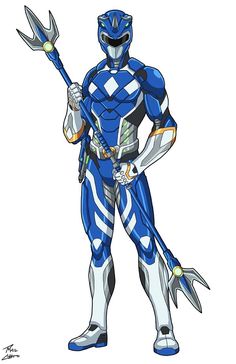 a drawing of a man in blue and white armor holding a large metal object with one hand