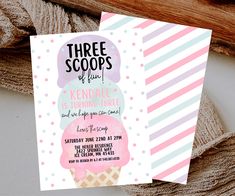 three scoops of ice cream birthday party printable ticket card with matching envelope for kids