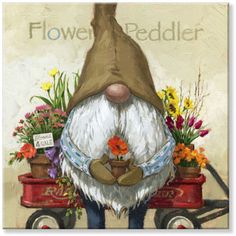 a painting of a gnome with flowers in his hands and the words flower peddler on it