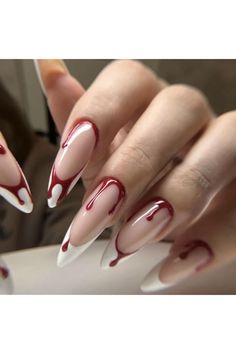 24Pcs Halloween Press on Nails French Tip Fake Nails Long Stiletto Glue on Nails Blood Design White Nail Tips Glossy False Nails Red Bloody Full Cover Halloween Almond Acrylic Stick on Nails for Women Paznokcie Hello Kitty, Fake Nails Long, Sharp Nails, Halloween Press On Nails, Nagel Tips, Nail Type, Her Nails, Gradient Nails, Halloween Nail