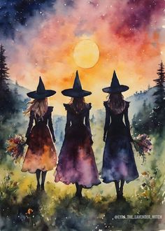 three witches walking in the woods at night