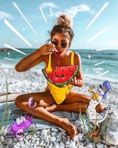 a woman sitting on the beach drinking watermelon