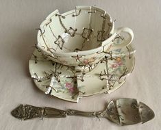 an antique tea cup and saucer with barbed wire on it, next to a spoon