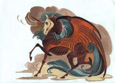 an artistic drawing of a horse with long horns and tail, running in the wind