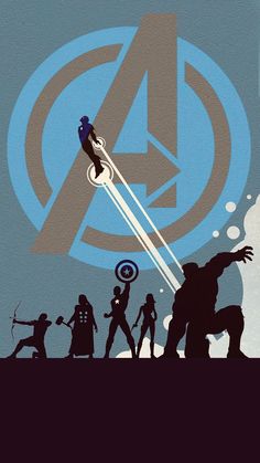 an avengers poster with the silhouettes of various superheros and captain america flying through the air