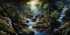 a painting of a waterfall surrounded by lush green trees