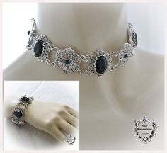 ♥♥Noir Romantique♥♥ Welcome to my store! An intricate silver plated choker in classic victorian gothic design made of silver ornaments which are decorated with get black gems 13x18mm nestled in silver settings ♥♥ The choker will be made to be adjustable so please specify your neck's measurements when you place your order. ♥♥It will be sent to you carefully wrapped through registered mail(this means that tracking number will be provided to you as soon as I send your order). ♥♥If you have any ques Gothic Chokers, Bridal Choker, Black Gems, Gothic Design, Silver Ornaments, Silver Choker, Black Choker, Jewelry Choker, Victorian Gothic