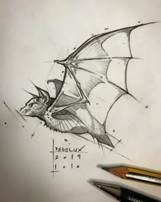 a pencil drawing of a bat flying in the sky