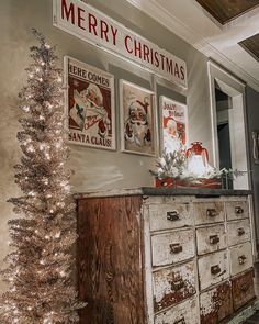 an old dresser with christmas decorations on it