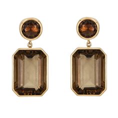 Approx. 35.00 carats Round and Emerald Cut Smokey Quartz Earrings set in 18K Rose Gold Post only Smokey Quartz Jewelry, Yellow Diamond Necklace, White Diamond Necklace, Smoky Quartz Earrings, White Diamond Earrings, Smoky Quartz Ring, Right Hand Ring, Quartz Gemstones, Yellow Diamond Rings