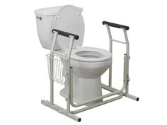 a white toilet with a magazine rack attached to the seat and side rails on it