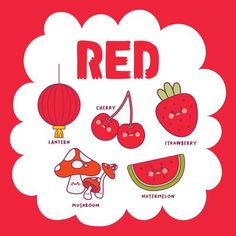 the words red are written in different languages and have pictures of berries, watermelon, mushrooms, lanterns