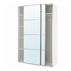 a white closet with mirrored doors and shelves on the side, in front of a white background