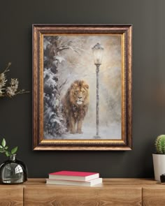 a painting of a lion standing next to a lamp on a shelf in front of a wall