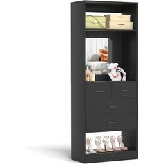 an open bookcase with shoes on it