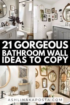 the bathroom is decorated in white and has lots of pictures on the wall above it