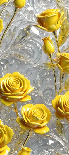 yellow flowers floating in the water on a clear surface with swirls and bubbles around them