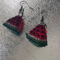 Handmade Watermelon Slice Earrings That Can Be Paired With Any Summer Outfit Blue Chandelier, Black Pearl Earrings, Smoky Crystal, Watermelon Slice, Cat Enamel Pin, Costume Jewelry Sets, Watermelon Slices, Heart Dangle Earrings, Emerald Earrings