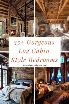 a collage of log cabin style bedroom designs