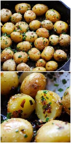 two pictures showing different types of potatoes in the same pan, and then being cooked