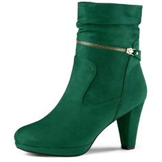 This high ankle boots featuring a chunky heel, round toe style finished with zipper closure for a bit of eye - catching movement every time you take a step.Round Toe Side Zip Booties;Slouchy Shaft Style;Ankle High Stylish Women Boots;Vamp: Faux Suede; Outsole: Rubber; Heel: ABS;Heel Height: 3 3/8 inches;Platform Height: 3/5 inches;Shaft Height: 6 1/9 inches. Chunky Heel Ankle Boots, Green Boots, High Ankle Boots, Womens Chunky Heels, Chunky High Heels, Timberlands Women, Buckle Boots, Platform High Heels, Calf Boots