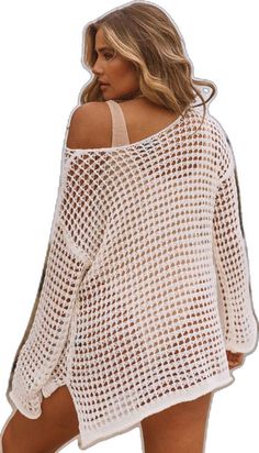 Spring Beachwear Cover-up With Open Knit, Open Knit Tops For Summer Beach Cover-up, Summer Crochet Cover-up For Vacation, Crochet Swimwear For Summer Beach, Crochet Swimwear For Beach Season, Summer Crochet Top For Vacation Beach Cover-up, Lightweight Long Sleeve Beachwear Cover-up, Casual White Swimwear For Beach Cover-up, Open Knit Cover-up For Poolside Vacation