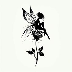 a black and white drawing of a fairy sitting on a rose