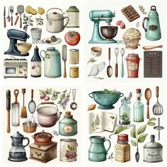 several different types of kitchen utensils are depicted in this illustration, including tea kettles and mixers