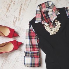 Holiday Plaid Shirt Outfit, Plaid Flats Outfit, Red Sweater Vest Outfits For Women, Tartan Shirt Outfit Women, Red Plaid Shirt Outfit Women, Red And Black Plaid Shirt Outfit, Black Plaid Shirt Outfit, Black Sweater Vest Outfit, Plaid Shirt Outfit Women