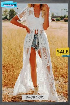 See Though Lace Cardigan Lace Beach Dress, Embroidery Kimono, Boho Mode, Fest Outfits, Estilo Hippie, Beach Coverup Dress, Boho Jacket, Mode Boho, Lace Kimono