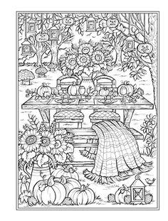 a coloring page with pumpkins and flowers on the table in front of an autumn scene