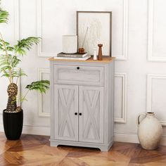 a potted plant sitting on top of a wooden floor next to a gray cabinet