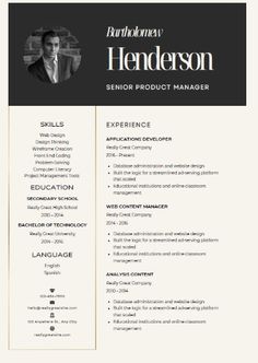 a professional resume for a senior product manager, it includes an image of a man in a suit and tie