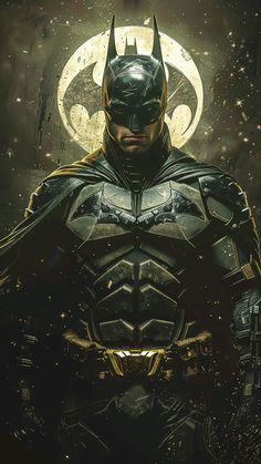 the dark knight batman is standing in front of a full moon