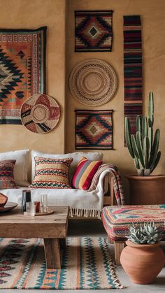 a living room filled with lots of pillows and rugs next to a wall mounted cactus