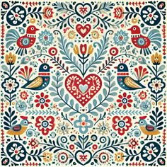 an ornate pattern with birds and hearts on it, in blue, red and yellow colors