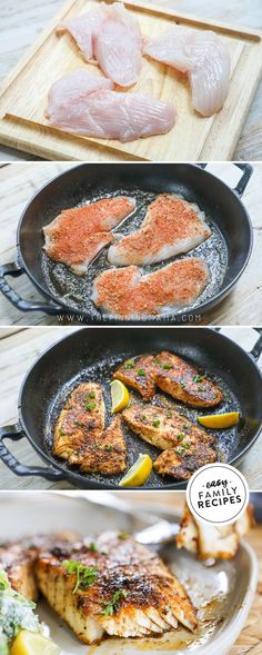 three different types of fish cooking in pans