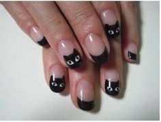 cat Acrylic Cat Nails, Diy Simple Nails, Fall French Tips Square, Cat Nails Art, Gel X Nail Ideas, Cute Cat Nails, Nail Ideas Natural, Simple Short Nail Designs, Black Cat Nails