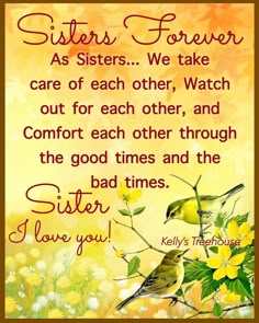 a card with the words sisters forever and two birds sitting on top of a branch