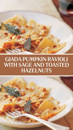 Giada Pumpkin Ravioli With Sage and Toasted Hazelnuts Pumpkin Sage Ravioli, Pumpkin Ravioli Sauce, Ravioli Sauce, Sage Butter Sauce, Hazelnut Recipes, Giada Recipes, Pumpkin Ravioli, Amaretti Cookies, Toasted Ravioli