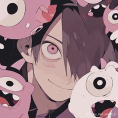 an anime character is surrounded by pink and white monsters with their mouths open in front of him