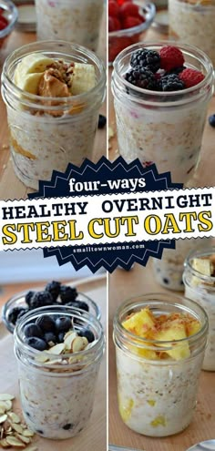 four different views of healthy overnight steel cut oats