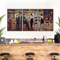 two paintings of people at a bar in front of a laptop on a wooden counter