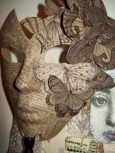 two pieces of art made out of newspaper with butterflies on them, one of which has been altered to look like a woman's face